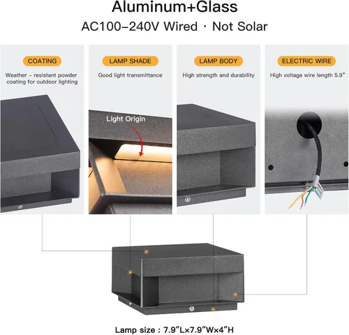 Vista 2 de MVBT Luces de poste al aire libre con cableado fijo, luces de columna de 7.9" AC100-240V, luz de pila moderna impermeable, luz de tapa de poste