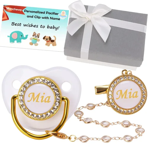 Vista 16 de Chupete personalizado con nombre, juego de clip para chupete dorado brillante con caja de regalo, tarjeta de felicitación, lujoso chupete de cristal
