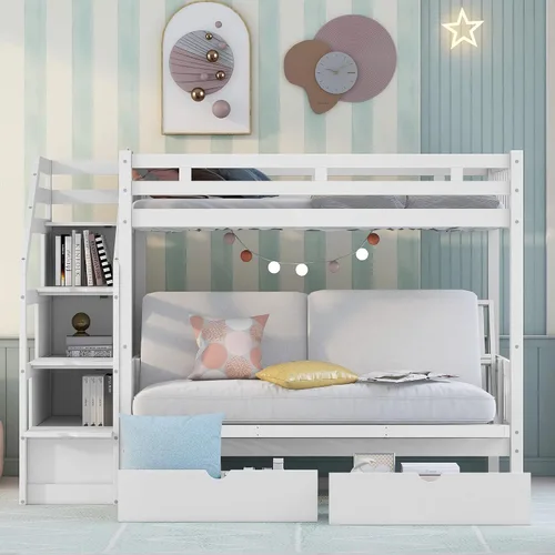 Vista 14 de Harper & Bright Designs Literas de tamaño individual sobre matrimonial, litera con escaleras y nido, literas de madera con estante de almacenamiento