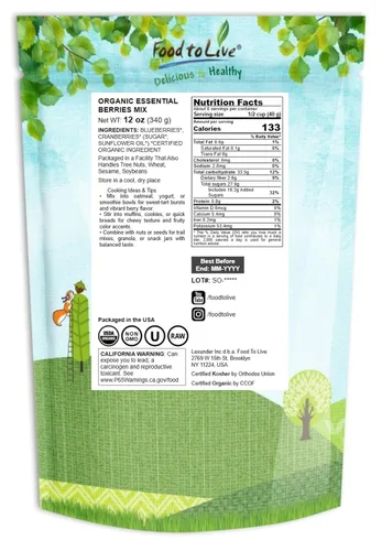 Vista 2 de Food to Live Mezcla de bayas esenciales orgánicas, 12 onzas, arándanos y arándanos secos sin transgénicos. Sin sulfuro, Kosher. Suavemente