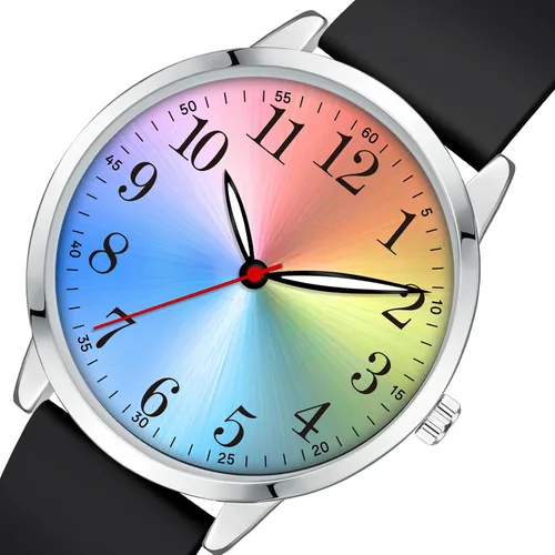 Vista 2 de Letoff Reloj analógico clásico, esfera arcoíris con números arábigos, banda de silicona, resistente al agua hasta 98.4 ft