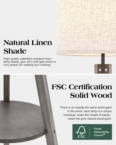 Vista 3 de ELYONA Lámpara de pie con trípode de madera estilo granja con mesa, lámpara de pie de lectura moderna con 3 temperaturas de color, bombilla LED