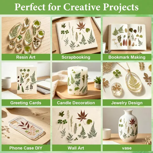 Vista 5 de Alipis Dried Pressed Flowers and Leaves for Resin Crafts, 162+ Pieces Green Leaves