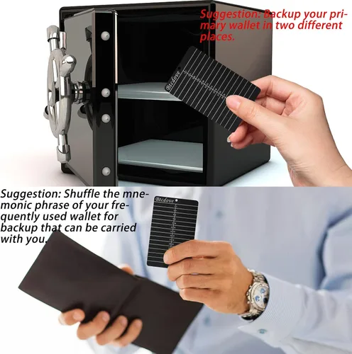 Vista 5 de Titanio Crypto Seed Phrase Card, Heavy Duty Seed Phrase Storage Wallet, Negro -, 4 unidades. y pluma de grabado eléctrica