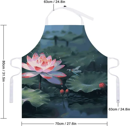 Vista 2 de MUSM Lotus Flower And Dragonfly Apron，Classic Vintage Funny with Pockets Aprons,Adjustable Bib Waterdrop Resistant for Kitchen Cooking Restaurant