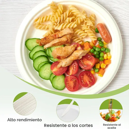 Vista 4 de Platos de papel resistentes 100% compostables de 10 pulgadas, paquete de 150 platos desechables biodegradables ecológicos de bagazo de caña de Blanco