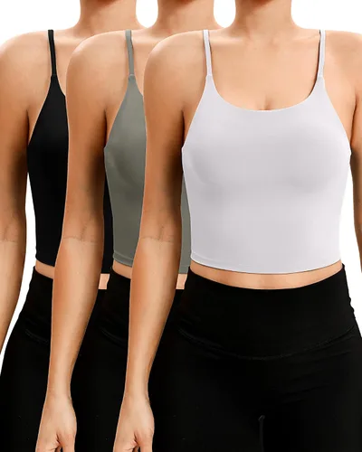 Vista 2 de 3 piezas de brasier deportivo de línea larga para mujer, con tirantes delgados, parte superior acolchada para yoga, entrenamiento, fitness, brasier