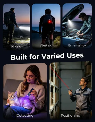 Vista 8 de Linterna de bolsillo EDC recargable de 1300 lúmenes, linterna LED magnética plana y con clip con foco 5 en 1/UV/haz rojo/reflector para campamento