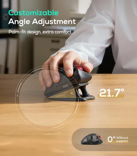 Vista 2 de Nulea M511 Ratón inalámbrico Trackball recargable, ratón ergonómico con control de pulgar y soporte inclinable, seguimiento suave y preciso A-Rojo