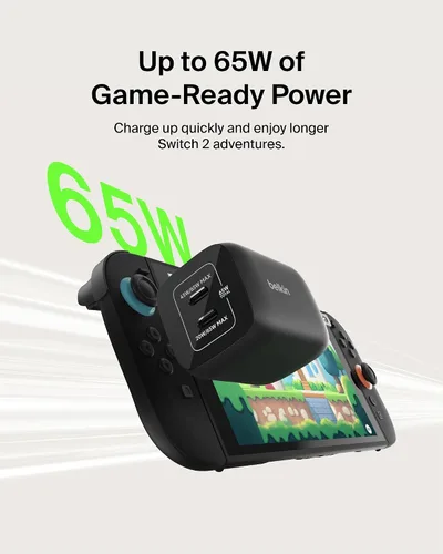 Vista 2 de Belkin Bloque de cargador USB C dual para juegos para Nintendo Switch 2 y Pro con carga rápida GaN de 65 W - Apple iPhone 17, iPad, MacBook