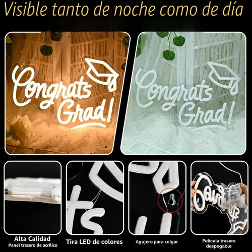 Vista 4 de Letrero de neón de Congrats Grad con tapa de graduación, 16 x 11 pulgadas, luz blanca cálida para la clase de 2026, decoraciones de fiesta