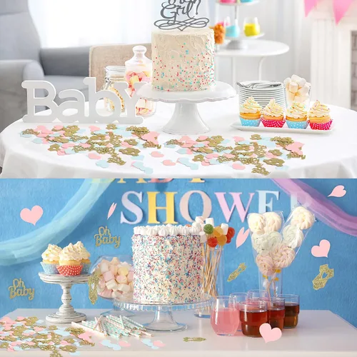 Vista 6 de Sumind 240 piezas de confeti de revelación de género, decoraciones de mesa Formas de ropa de texto con forma de corazón de papel con purpurina azul