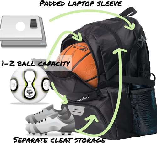 Vista 2 de Athletico National – Mochila de fútbol, baloncesto y fútbol americano, incluye soporte separado para balones y tacos