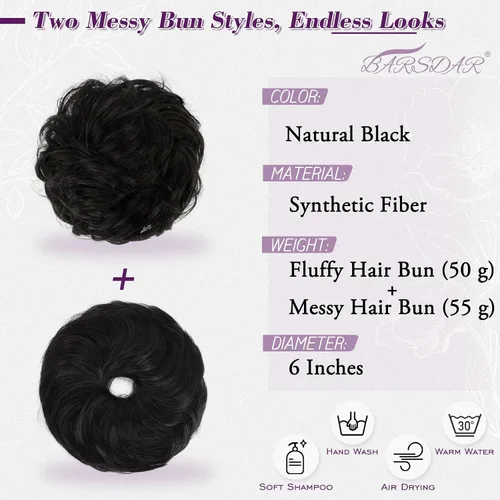 Vista 2 de BARSDAR 2 piezas de cabello de moño desordenado de color negro natural + extensión de moño de cabello lacio