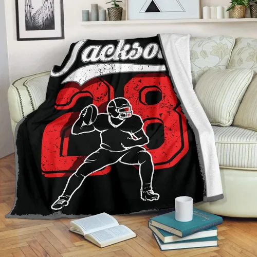 Vista 5 de Manta de forro polar Sherpa de alta calidad para jugador de mariscal de campo de fútbol, color negro, con número de nombre, impresión 3D, cálida