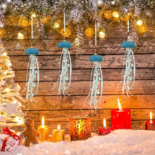 Vista 5 de Namalu 6 piezas de adorno de Navidad de erizo de mar y medusa con cuentas costeras, decoración festiva de playa con temática de océano, adorno Azul