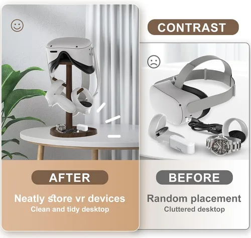 Vista 4 de HiBloks VR Stand Accessories, Wooden Headset Display Holder & Touch Controller Mount Station for MetaOculus Quest 3, Quest 2, PSVR 2, Valve Index