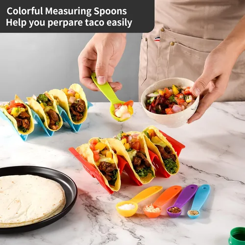 Vista 2 de Juego de 12 soportes para tacos, juego de servicio de barra de tacos para una fiesta, bandejas grandes para tacos, soporte para tacos duros