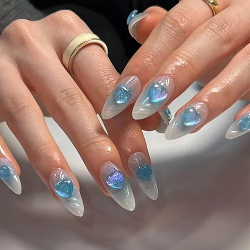Vista 8 de RTKHFZE Uñas postizas a presión con forma de ataúd de almendra, uñas postizas medianas a presión para primavera y verano, con diseños de flores