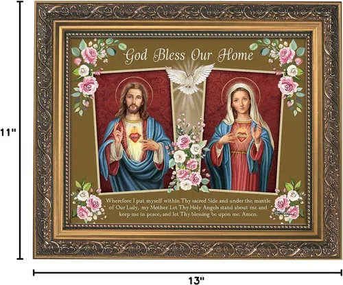 Vista 2 de Gerffert Decoración de pared cristiana con marco dorado adornado, 13 x 11 pulgadas, Dios bendiga nuestro hogar