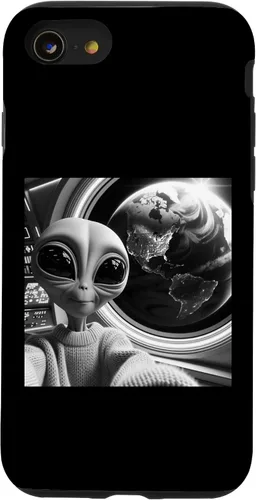 Vista 13 de iPhone 14 lindo alienígena divertido negro y blanco selfie UFO Earth caso