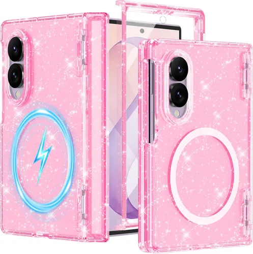 Vista 48 de Btscase Funda para Samsung Galaxy Z Fold 5, protector de pantalla frontal integrado, patrón de mármol dorado con purpurina de policarbonato duro