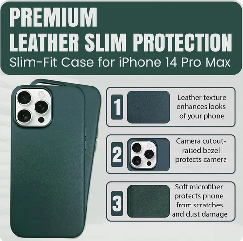Vista 3 de [Usado] Funda de cuero para iPhone 13 Pro Max, compatible con MagSafe, cuero de grano completo, funda delgada con botones metálicos, color verde