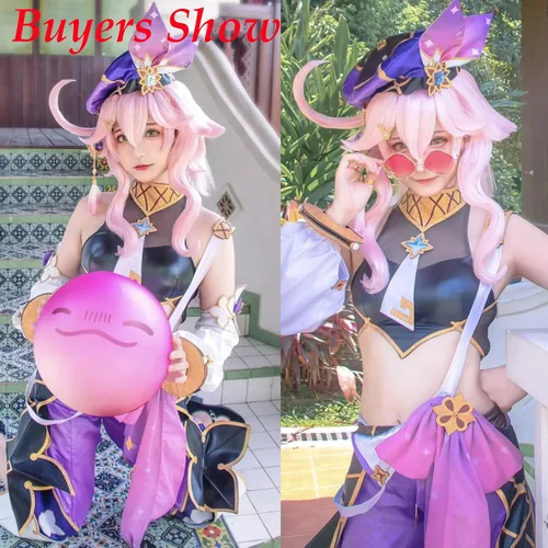 Vista 2 de Uniquebe Dori - Peluca de cosplay para Genshin Impact peluca rosa con flequillo clip de pelo Ahoge con orejas de elfo gorra de peluca