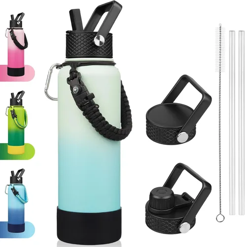 Vista 26 de BJPKPK - Botella de agua con tapa de popote, botellas de agua aisladas de 18 onzas con 3 tapas, asa de cuerda de paracaídas y base antideslizante