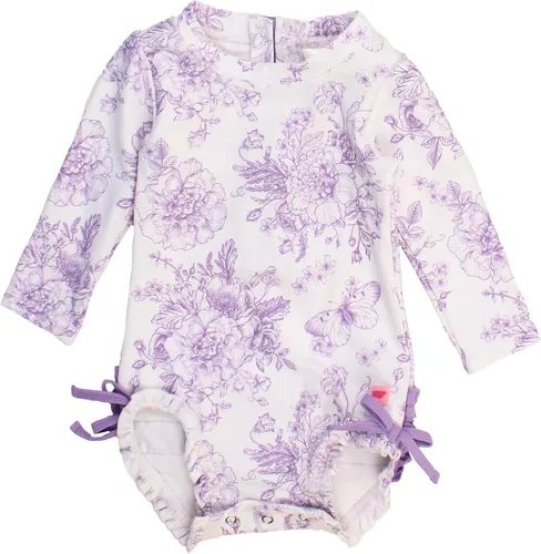 Vista 19 de RuffleButts - Traje de baño de una pieza con protección solar UPF 50+, camiseta de protección floral estampado, manga larga, con cierre zipper