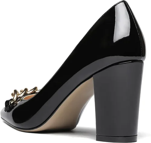 Vista 5 de WAYDERNS Zapatos de tacón alto para mujer, diseño de cadena de metal dorado, patente, puntera puntiaguda, zapatos de tacón alto de 3.5 pulgadas