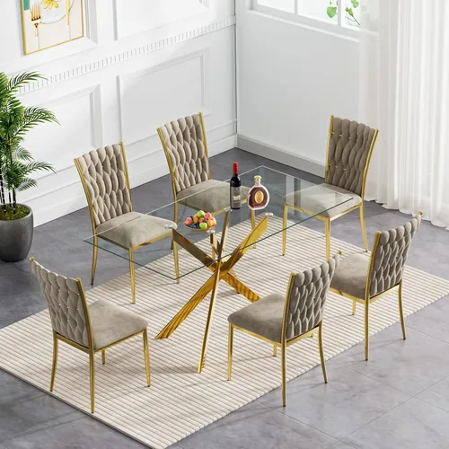 Vista 28 de Juego de mesa de comedor de cristal para cocina de 4, 5 piezas, mesa de comedor rectangular de 51 pulgadas con 4 sillas de cocina de terciopelo