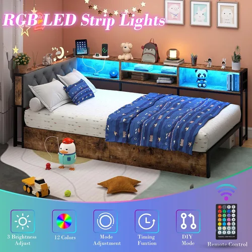 Vista 4 de Doltoro Marco de Cama de Esquina Individual con Estantería de Almacenamiento y Luces LED, Cama Diván Tamaño Individual con 2 Cajones de Gris