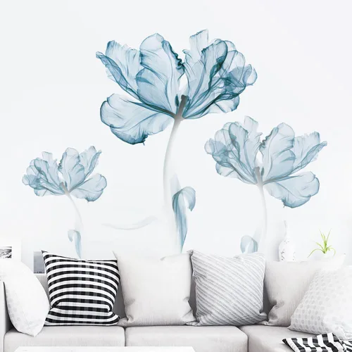 Vista 2 de Runtoo Calcomanías de pared de flores azules, diseño floral de amapola para niñas, dormitorio, sala de estar, baño, oficina, TV, decoración de fondo