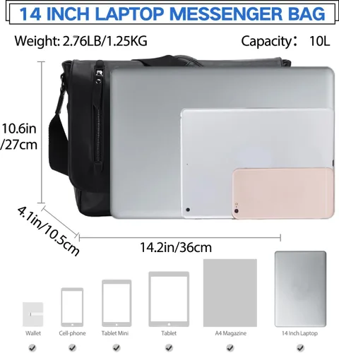 Vista 3 de VX VONXURY Bolsa de mensajero para hombre, piel sintética de 14 pulgadas, maletín para laptop para trabajo y escuela, café, Piel sintética negra