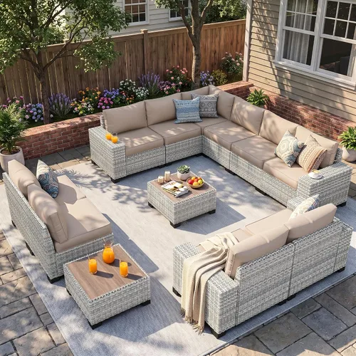 Vista 13 de Muebles de patio al aire libre conjunto PE mimbre ratán al aire libre sofá seccional Gris