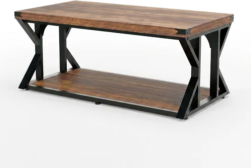 Vista 5 de Mesa auxiliar industrial de 43 pulgadas, mesa central rectangular de 2 niveles con estante de almacenamiento, mesa de cóctel de madera y metal