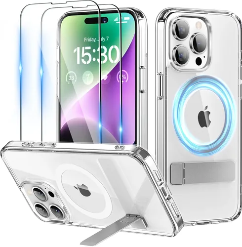 Vista 9 de Funda magnética para iPhone 15 Pro Max con soporte, soporte de cámara con protector de pantalla compatible con Magsafe a prueba de golpes