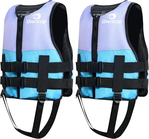 Vista 10 de Owntop Chaquetas de natación para niños y adultos de 50 a 125 libras de hebillas dobles, cremallera y correa de entrepierna, chaleco de esquí ligero