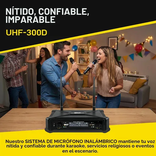 Vista 2 de SKP Pro Audio Sistema de micrófono inalámbrico UHF-300D - Micrófonos inalámbricos de mano dobles con baterías AA, rango de 200 pies, pantalla LCD