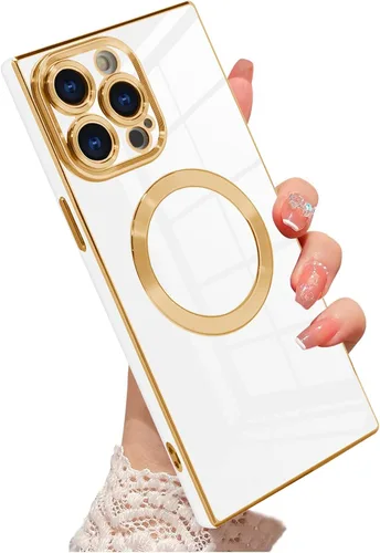 Vista 7 de OOK Funda magnética para iPhone 15 Pro Max [compatible con Magsafe] Protección completa de la cámara, borde chapado en oro, TPU suave, antiarañazos