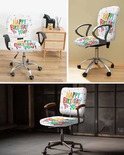 Vista 6 de Funda elástica para silla de oficina con texto en inglés «Happy Birthday» para silla de computadora, respaldo, cinta de colores, arte abstracto