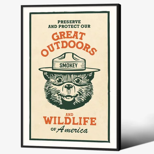 Vista 27 de Lienzo decorativo para pared con diseño de oso para niños, diseño de animales salvajes, conservación de la naturaleza, estilo retro, beige, cabaña