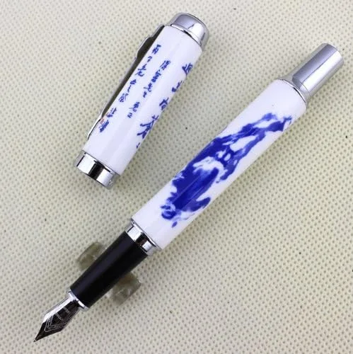 Vista 3 de Gullor Pluma estilográfica Jinhao 950 Porcelana Azul y Blanca con Caligrafía China y Punta Fina Caballo