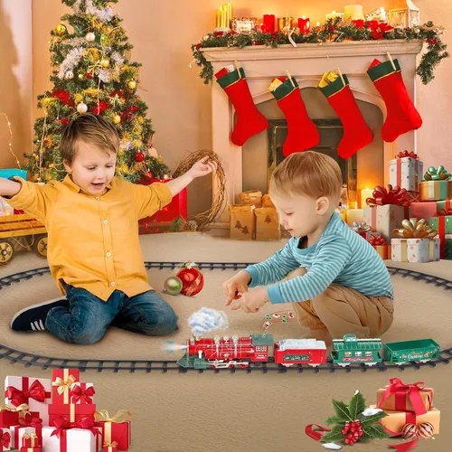 Vista 3 de Juego de tren de Navidad para alrededor del árbol con sonidos, luces y humo, juguetes de tren eléctrico para niños pequeños con 3 autos y 14 pistas