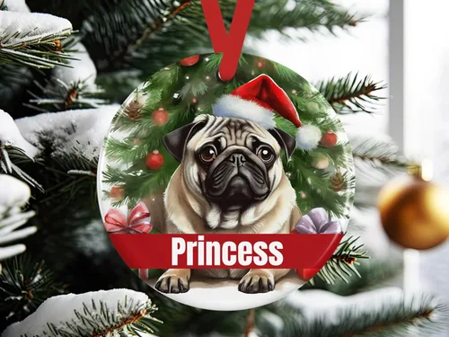 Vista 3 de Personalized Fawn Pug Ceramic Christmas Ornament, 3-Inch