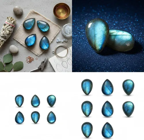 Vista 8 de Caja de 3 piezas de piedras preciosas sueltas de labradorita de fuego azul en forma de pera calibrada natural de 0.394 x 0.551 in. Para el bienestar