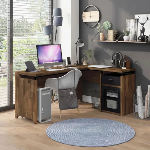 Vista 2 de 24/7 Shop at Home Deandre Farmhouse - Escritorio de computadora de madera en forma de L con 1 cajón con estante ajustable, puerta de gabinete