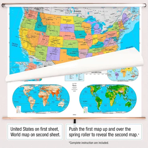Vista 2 de BrightWay Educational - Juego de mapas desplegables para aulas primarias de Estados Unidos y del mundo [con paneles educativos] Mapas de pared
