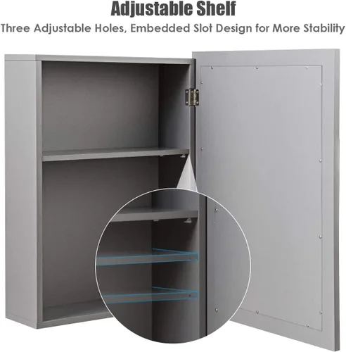 Vista 6 de Tangkula Armario de baño con espejo, gabinete de almacenamiento de montaje en pared con puertas individuales, botiquín colgante para baño (gris)